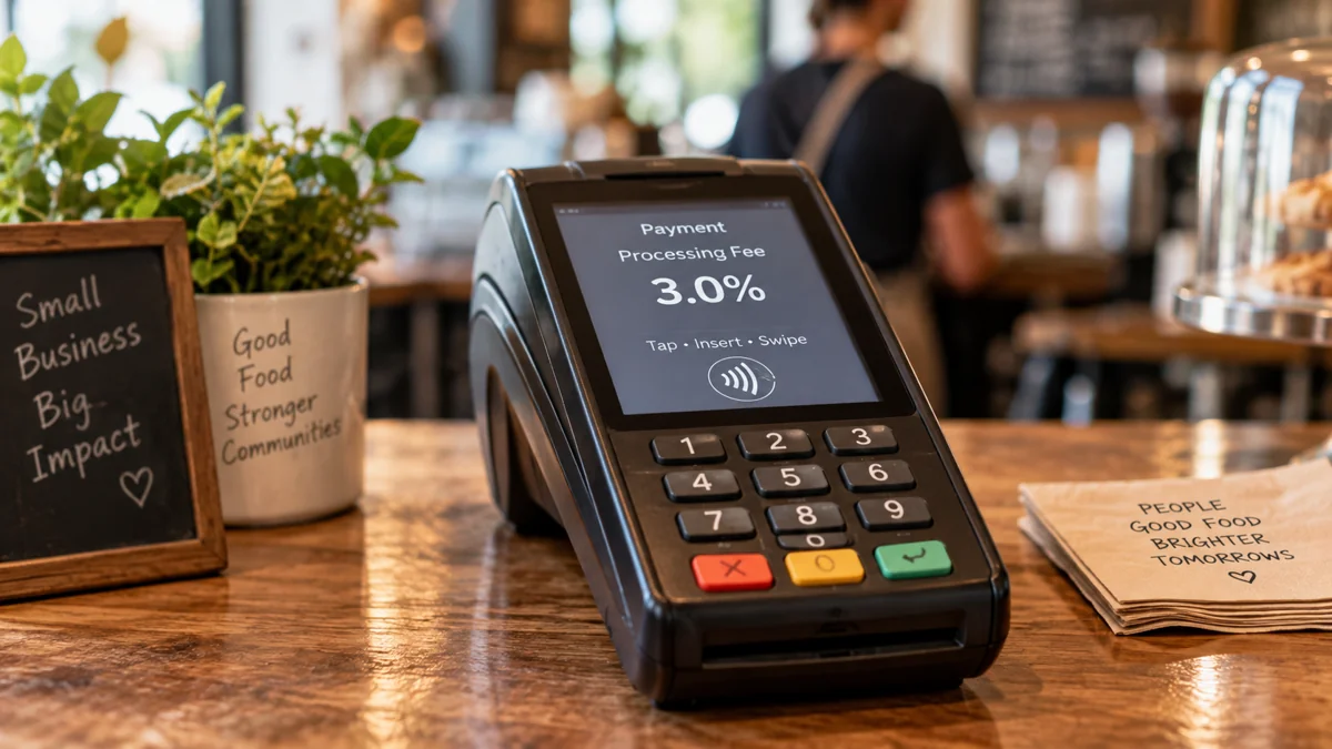 Card payment terminal displaying a 3% processing fee on a café counter.